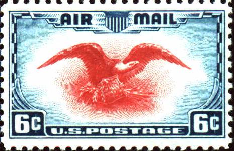 Image or picture the 1938 6 cent airmail stamp, red, white, blue design with eagle, C23