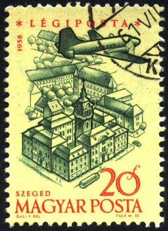 Image of 2 engine plane over Szeged Airmail stamp, C191