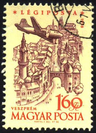 Image of 2 engine plane over Szeged Airmail stamp, C191