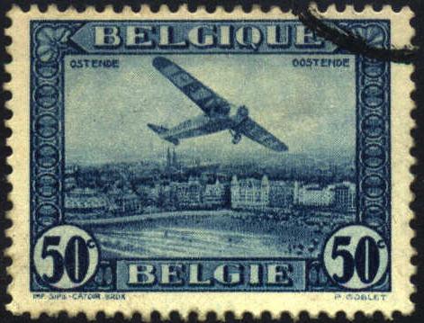 Image of the first Belgium airmail stamp, C1