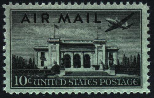 Image of 2 engine plane over the Pan-American Union Building Airmail stamp, C34