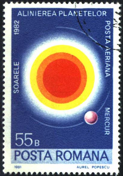 Image of Romania airmail stamp, showing the Sun, and planet Mercury, C233