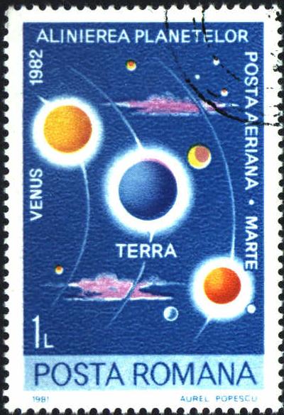 Image of Romania airmail stamp, showing the planets Venus, Earth, and Mars, C234